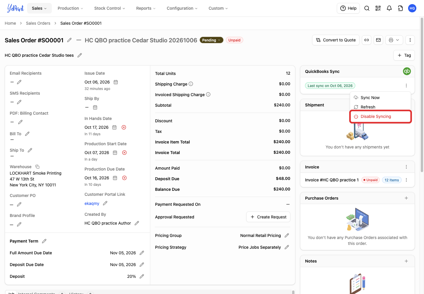 Disable Syncing for this order