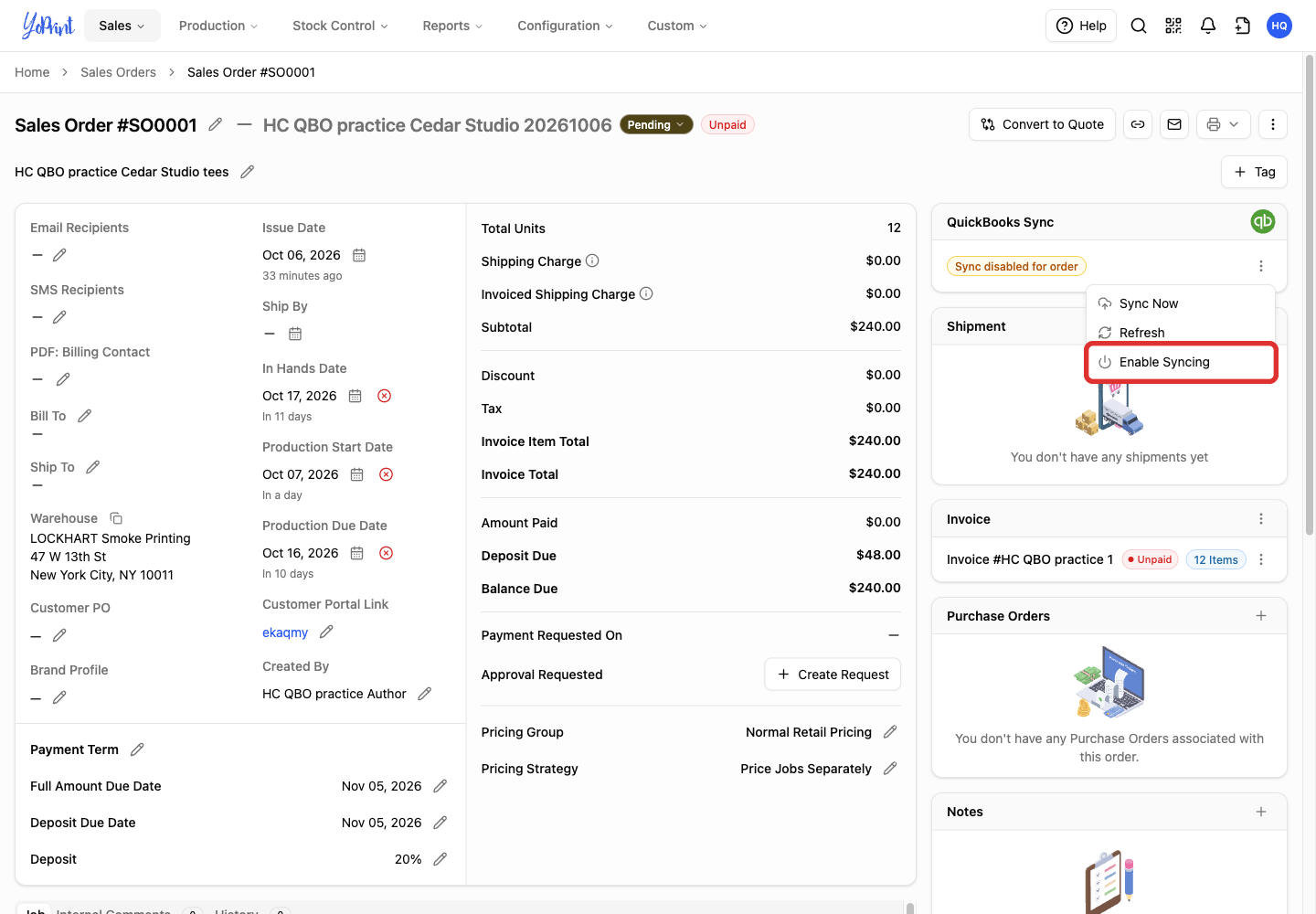 Enable Syncing for this order