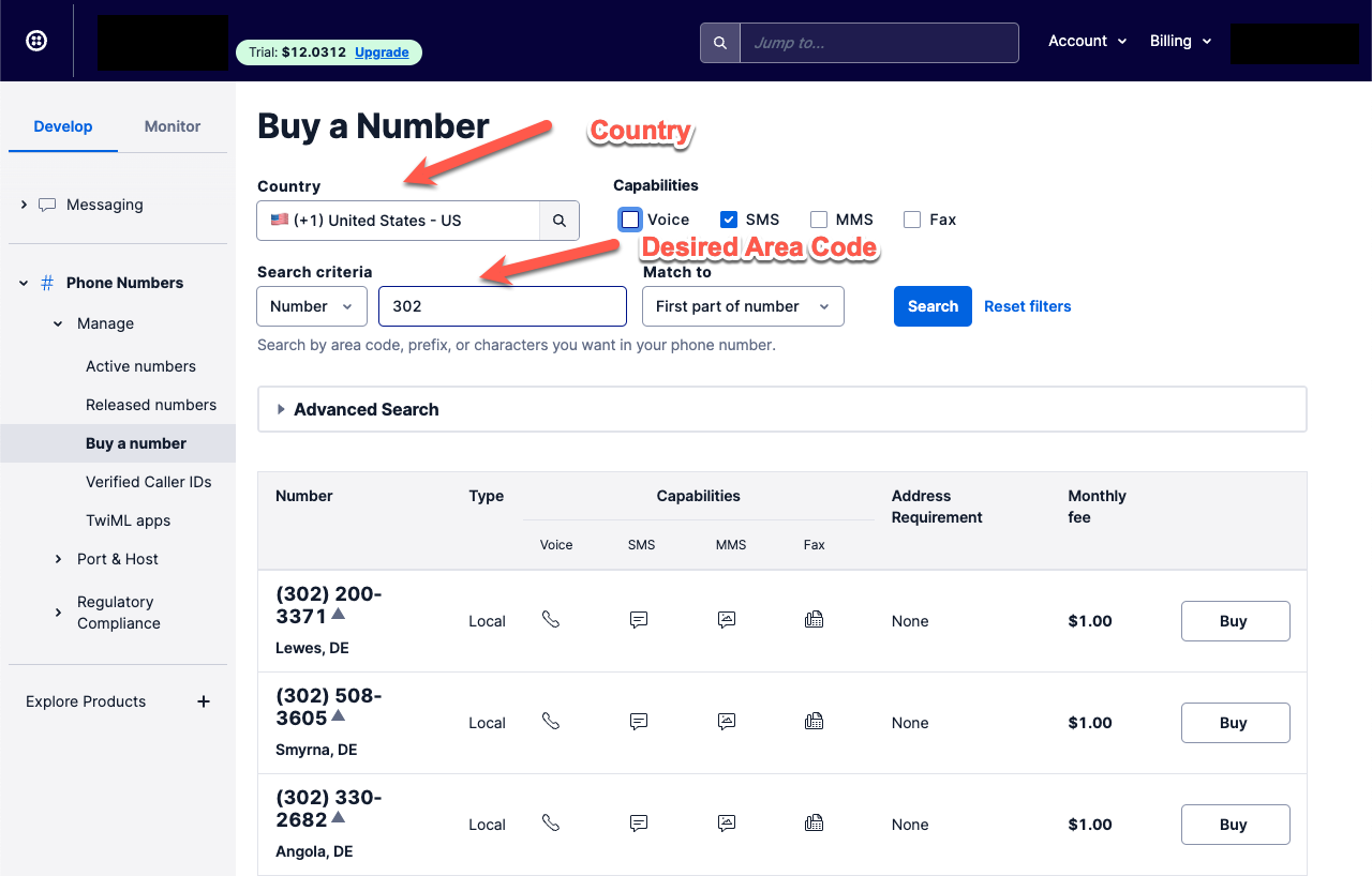 Twilio Buy a Number page with country, SMS capability, area-code search, and purchase options