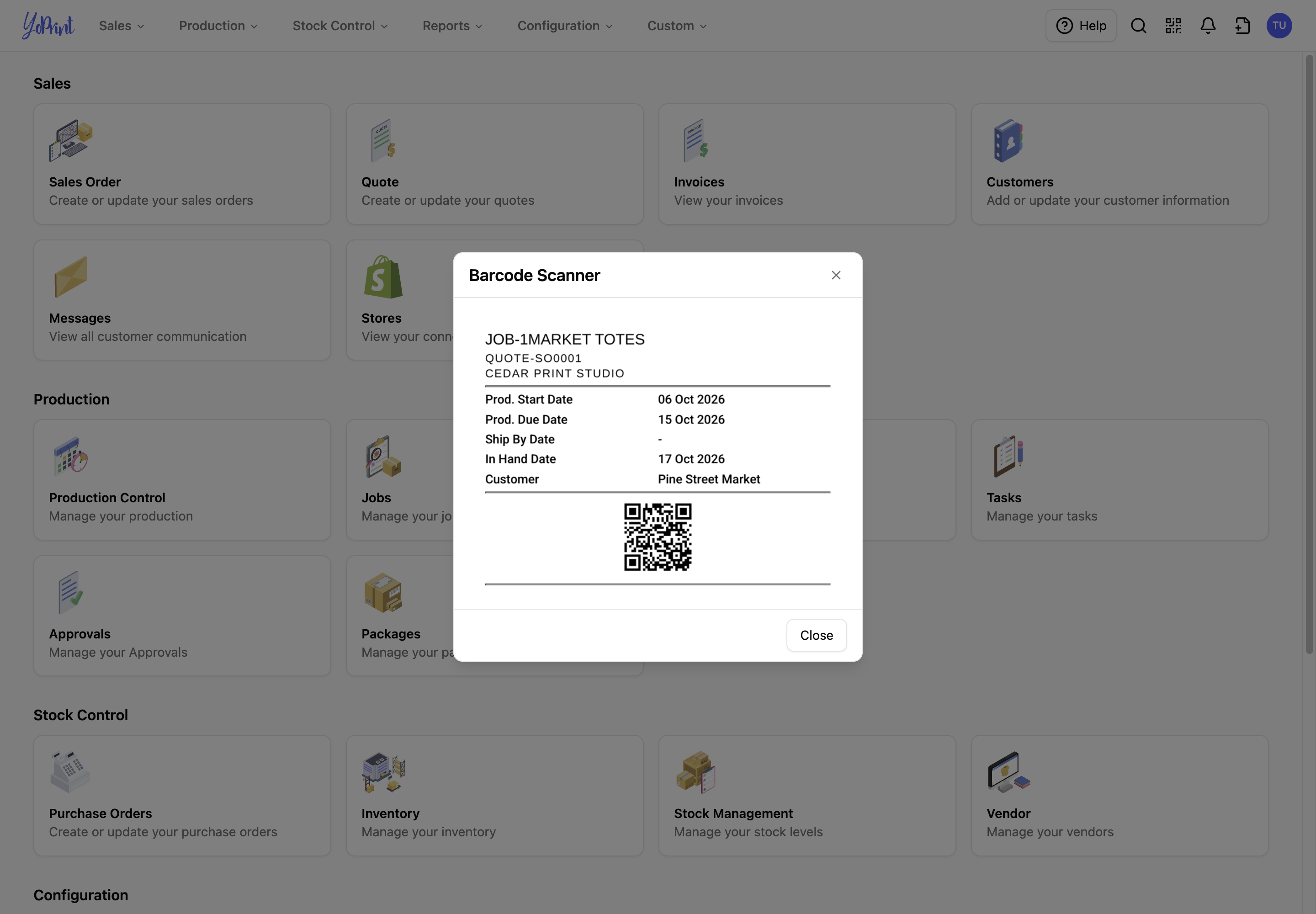 Barcode Scanner showing the complete QR code on the JOB-1 label