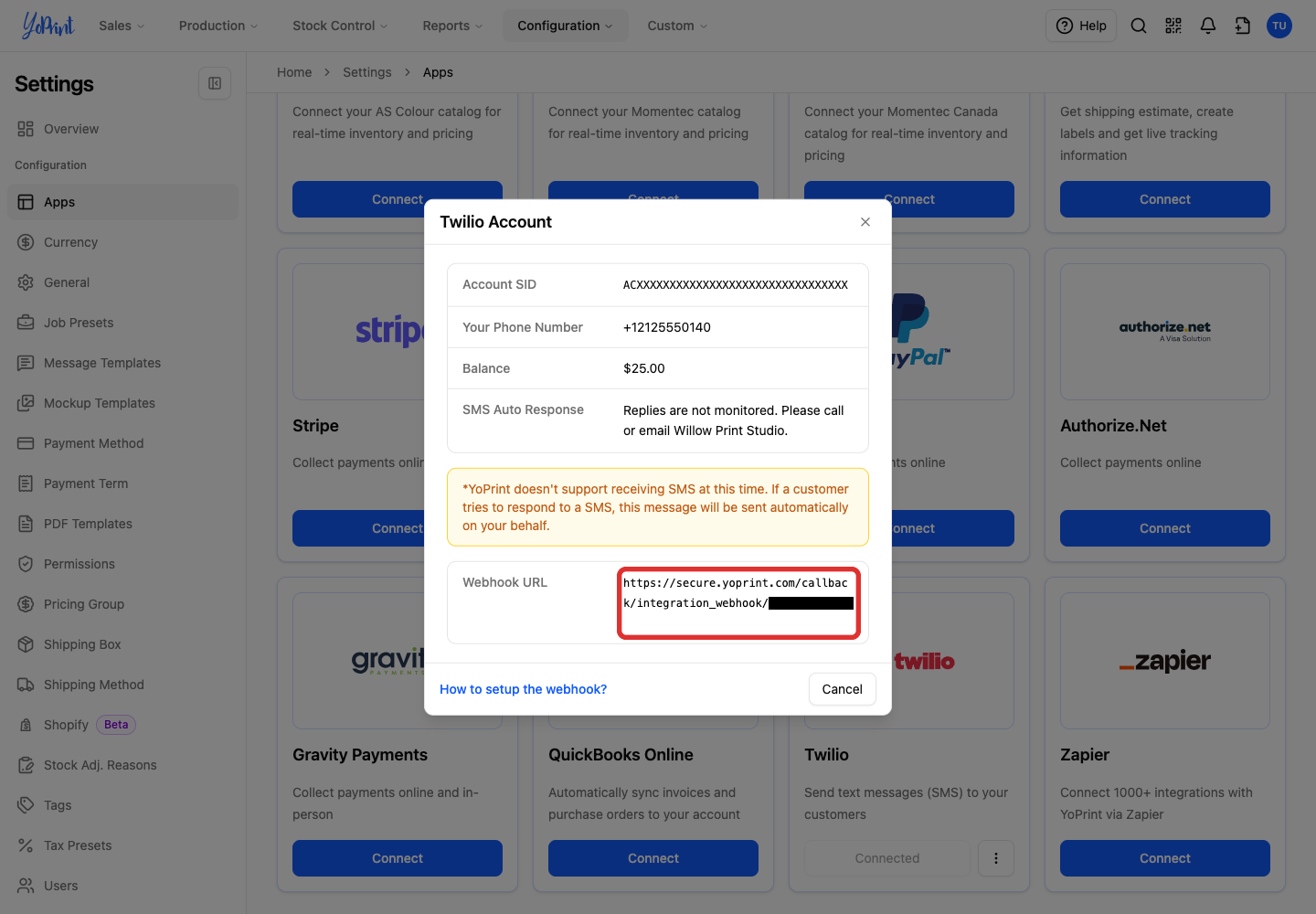 Webhook URL in Twilio Account