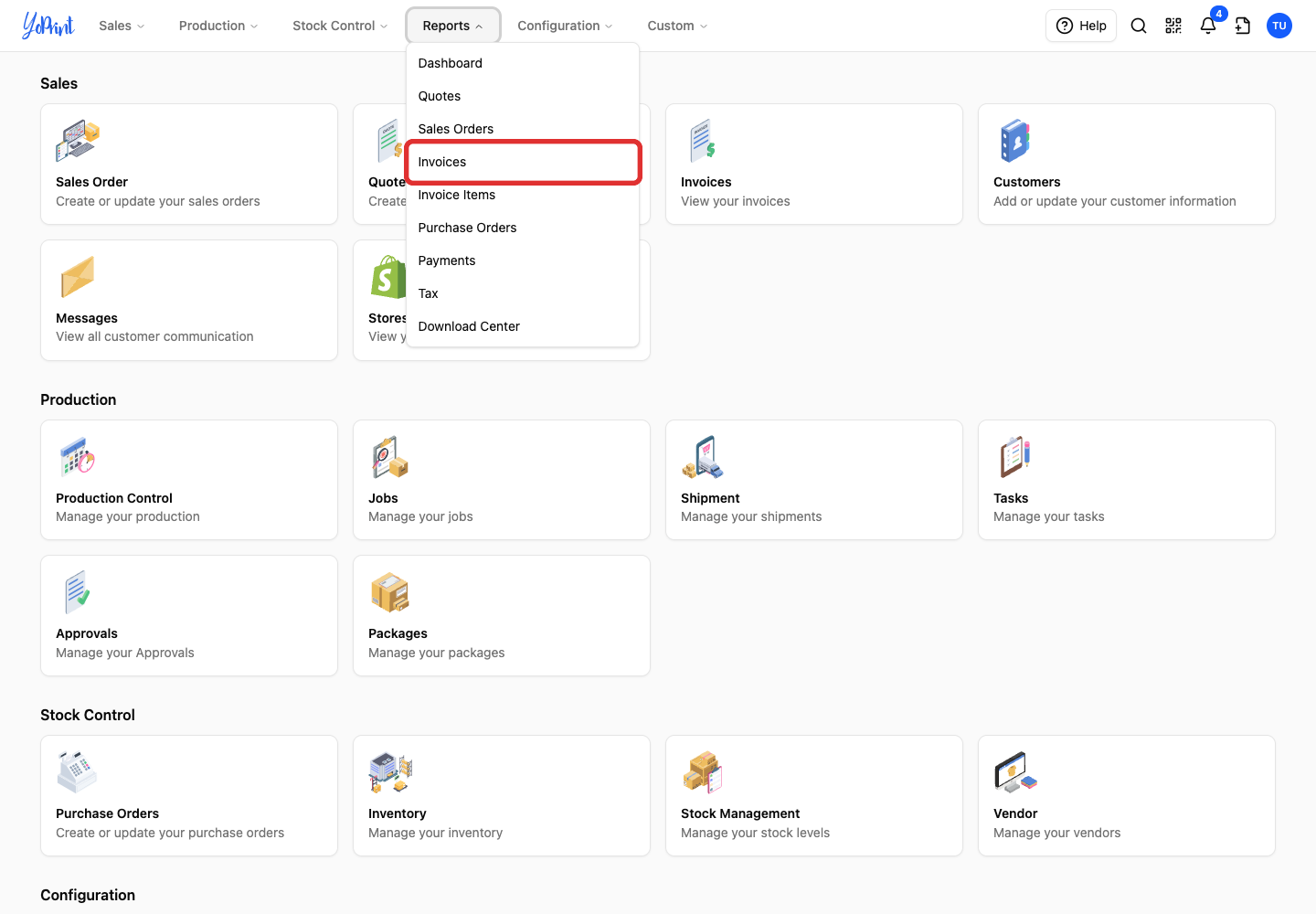 Invoices in the Reports menu