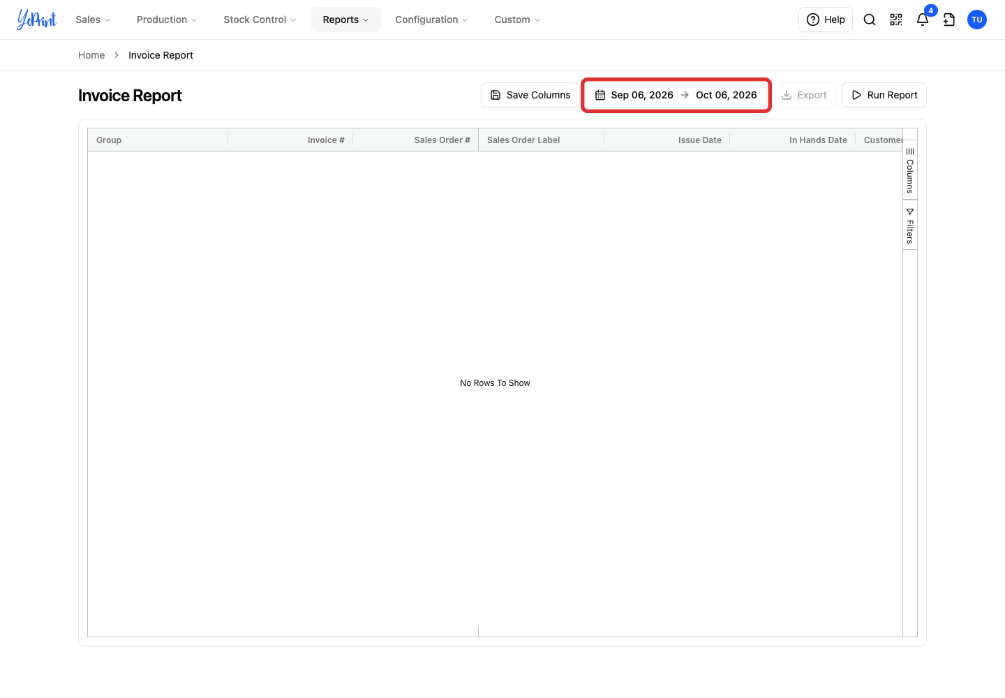 Date range above the Invoice Report