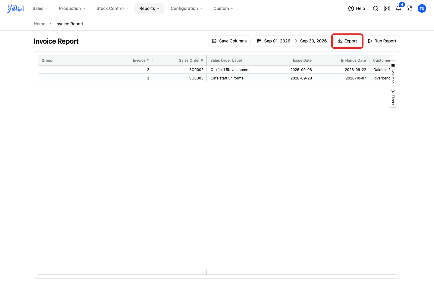 Export button beside the invoice date range