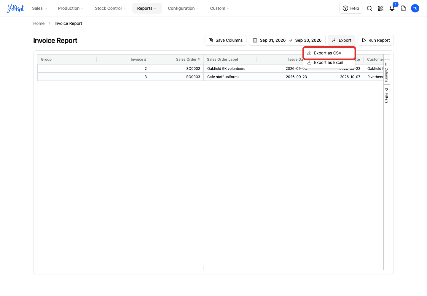 Export as CSV in the open Export menu