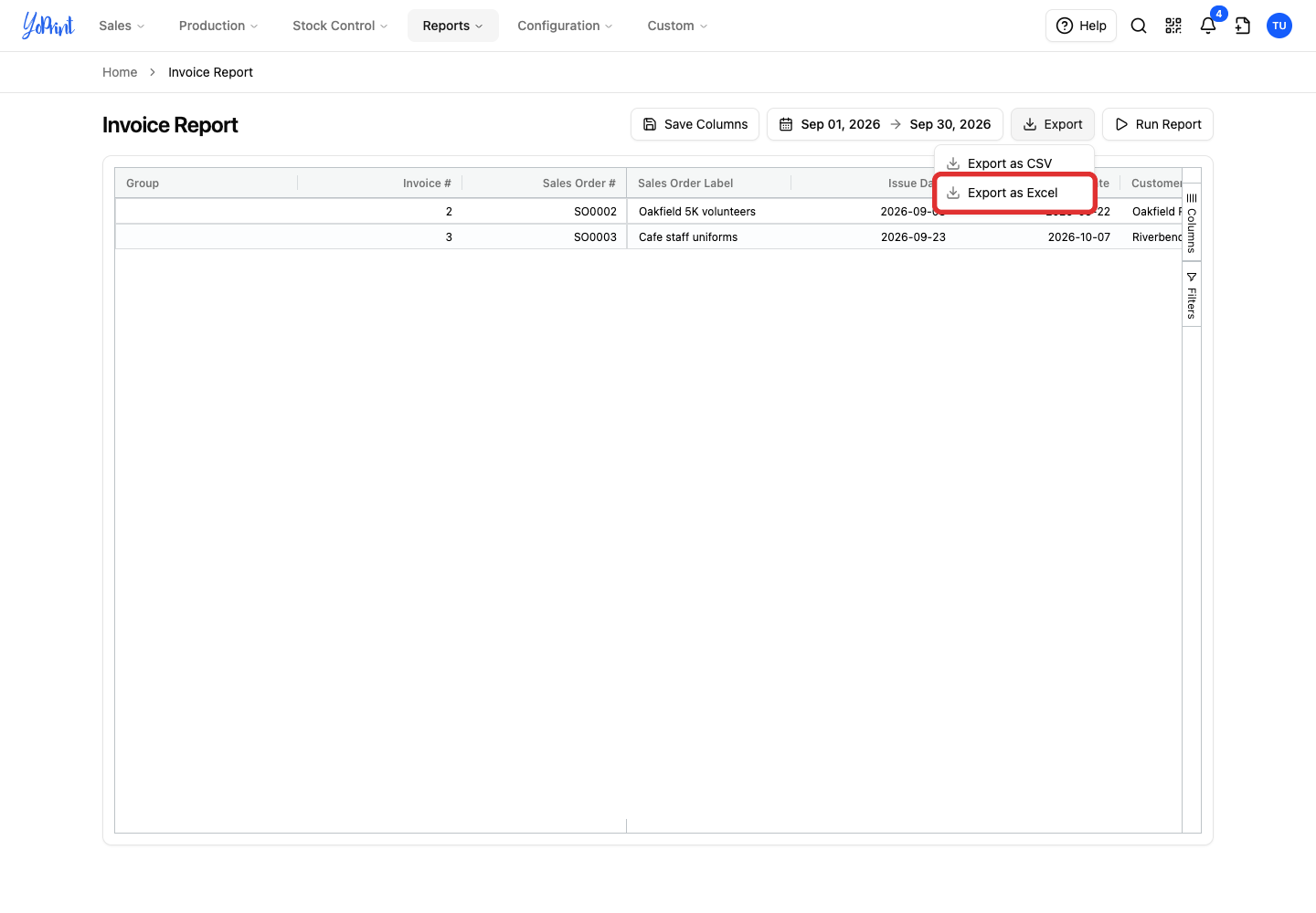 Export as Excel in the open Export menu