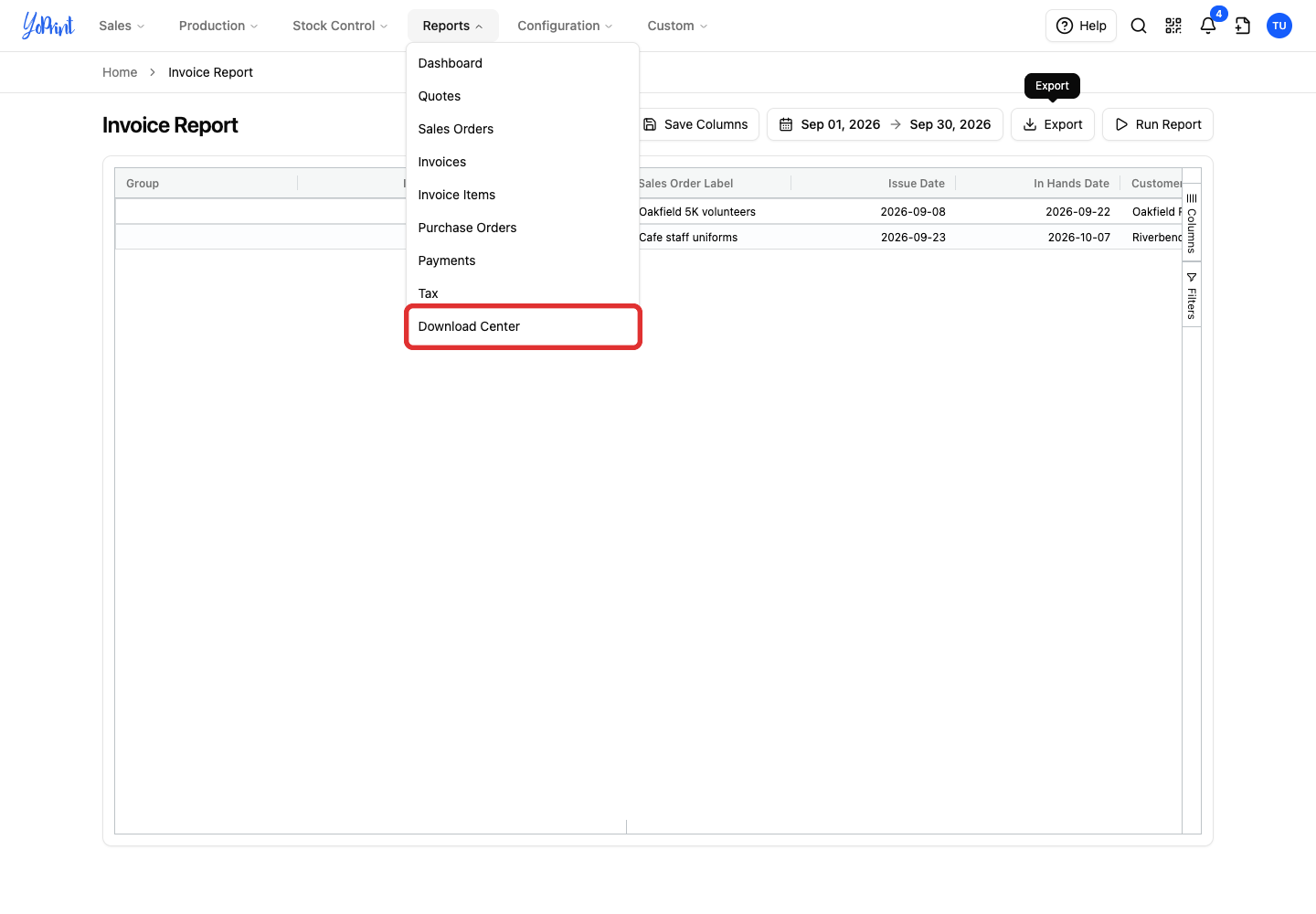 Download Center in the Reports menu