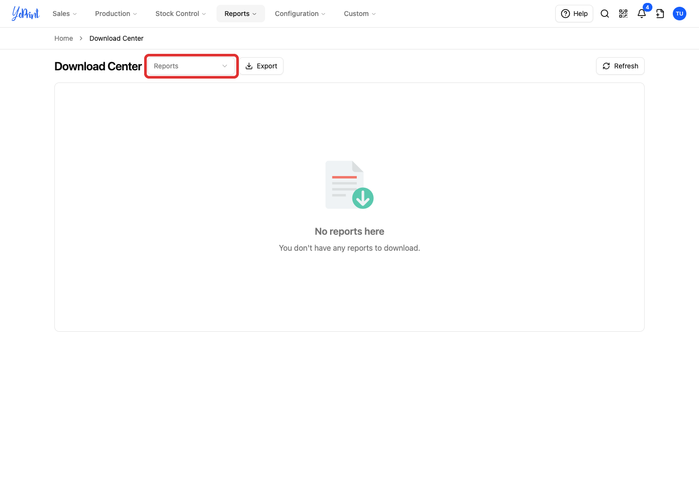 Reports dropdown in Download Center