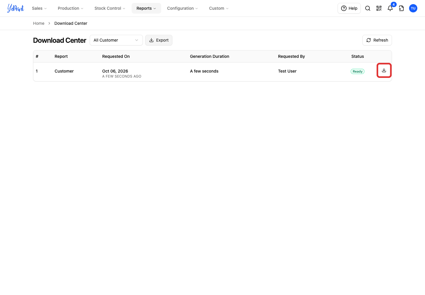 Ready Customer export with its Download icon