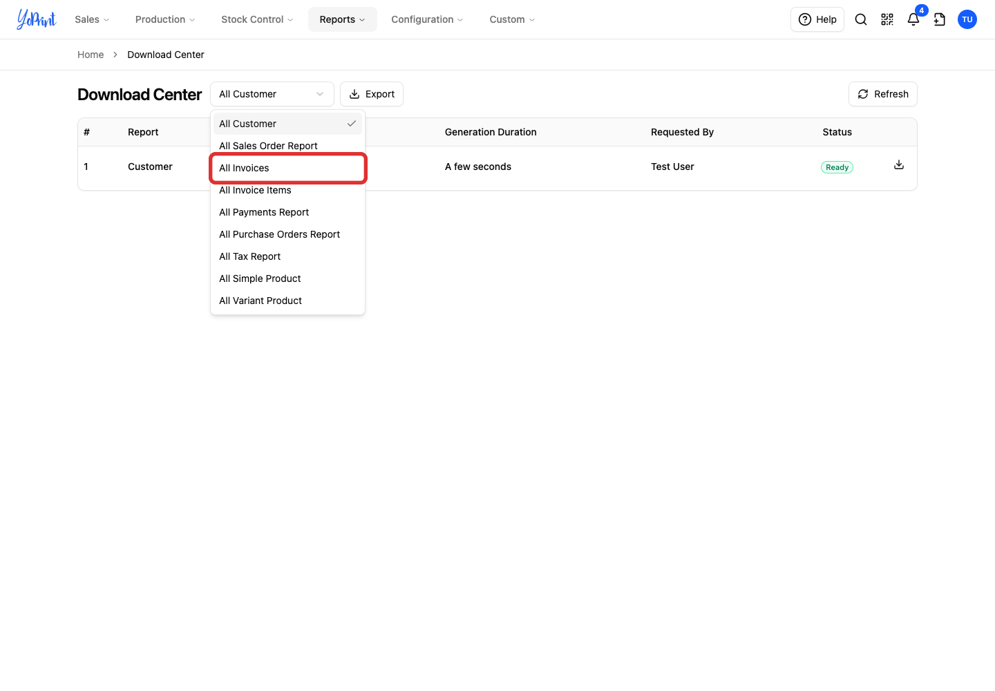 All Invoices in the report dropdown