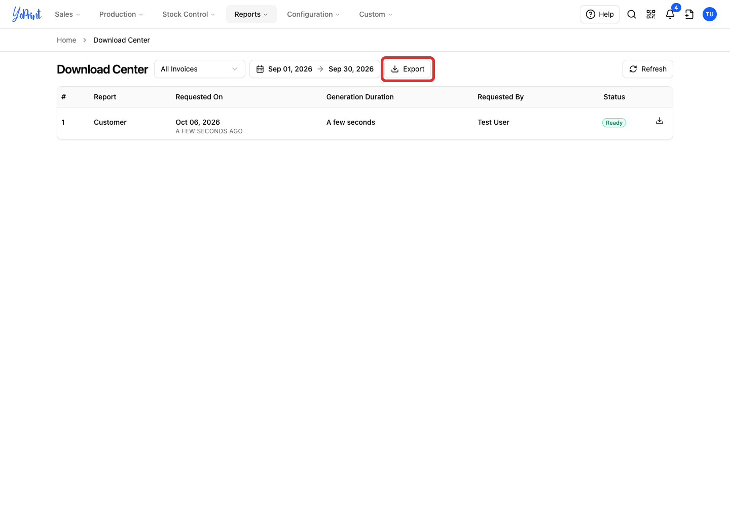 Export with All Invoices and September dates selected