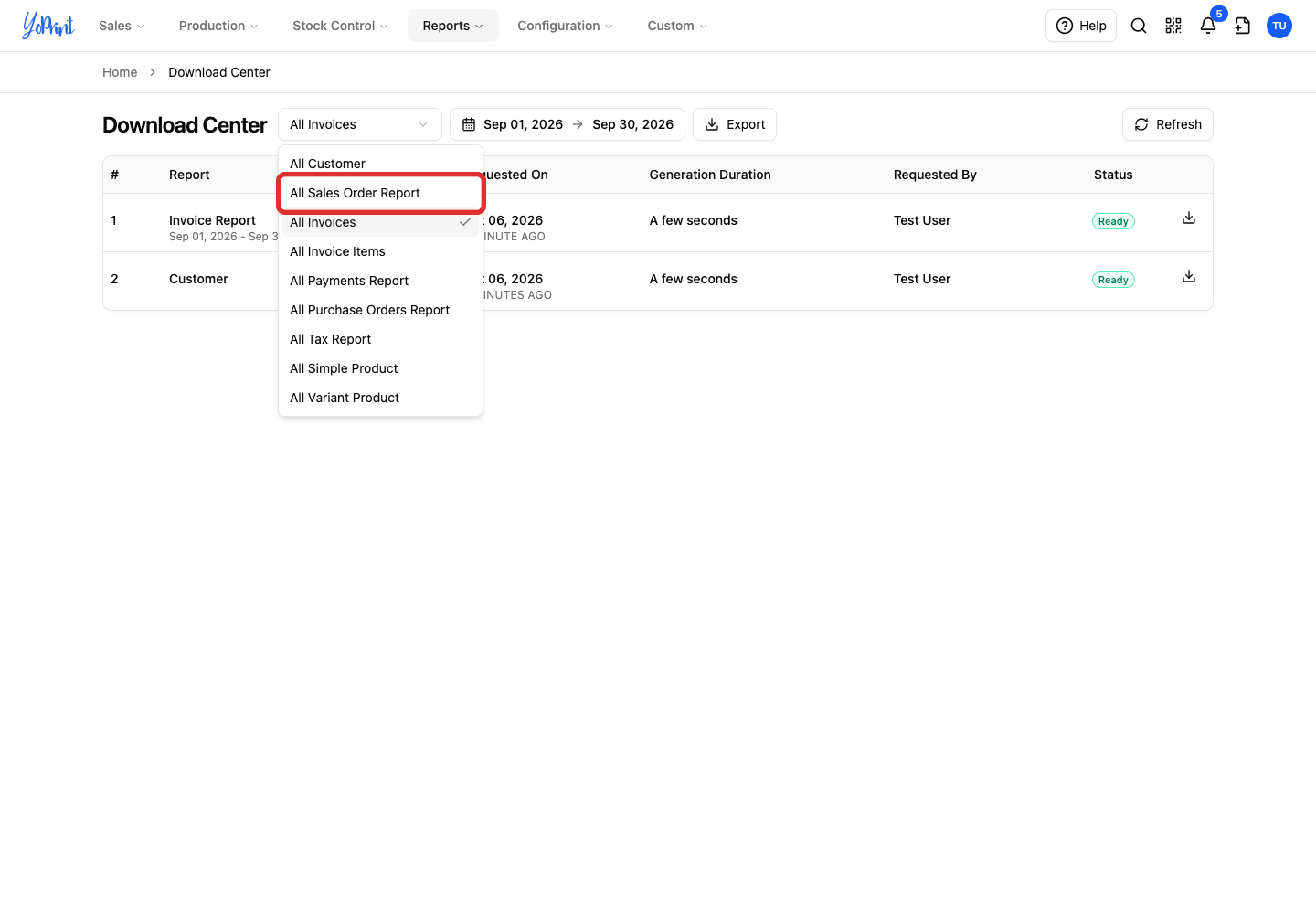 All Sales Order Report in the open report choices
