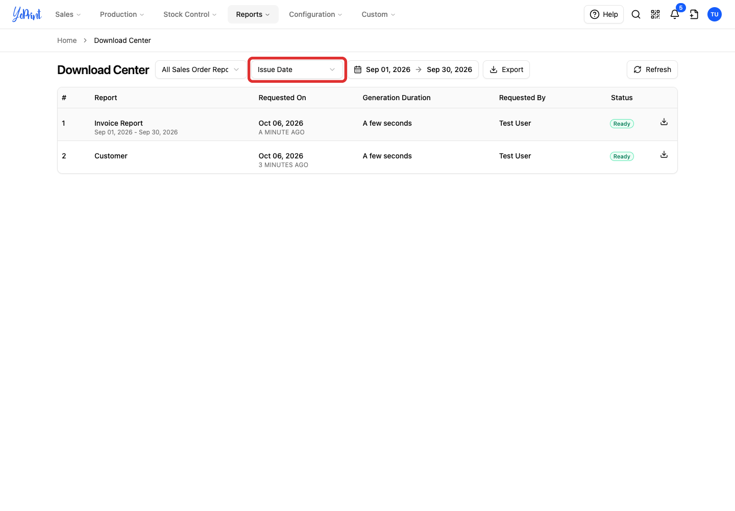 Date-type dropdown for sales orders