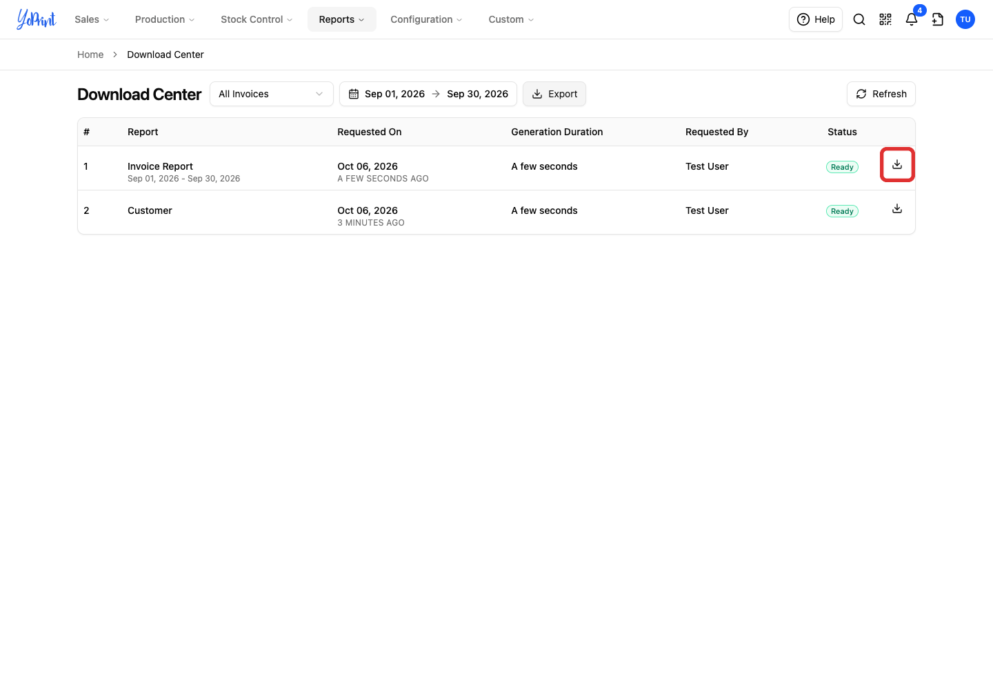 Download icon on the ready invoice report