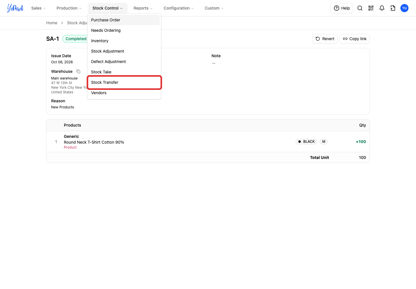 Stock Transfer in the open menu