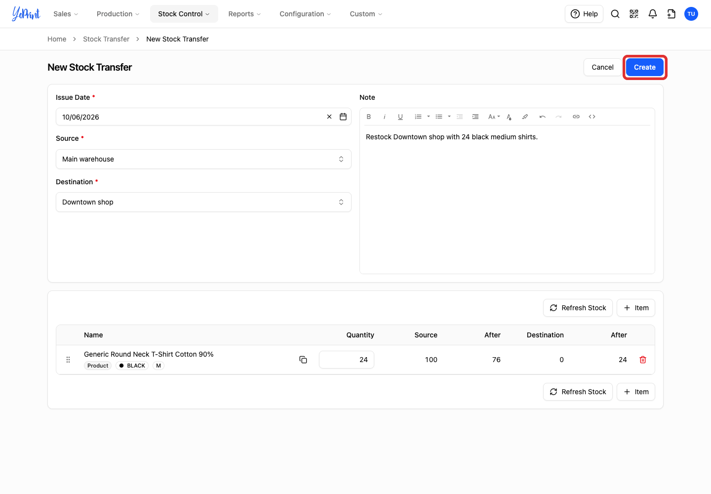 Create stock transfer button