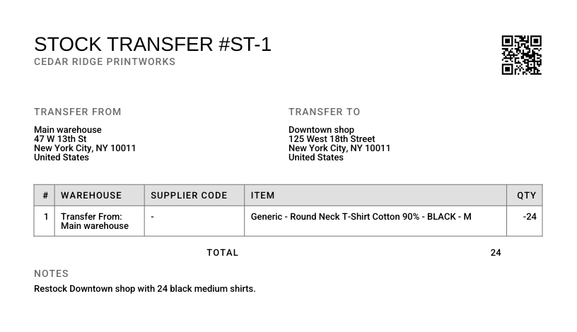 Stock transfer PDF with source, destination, product details, and QR code