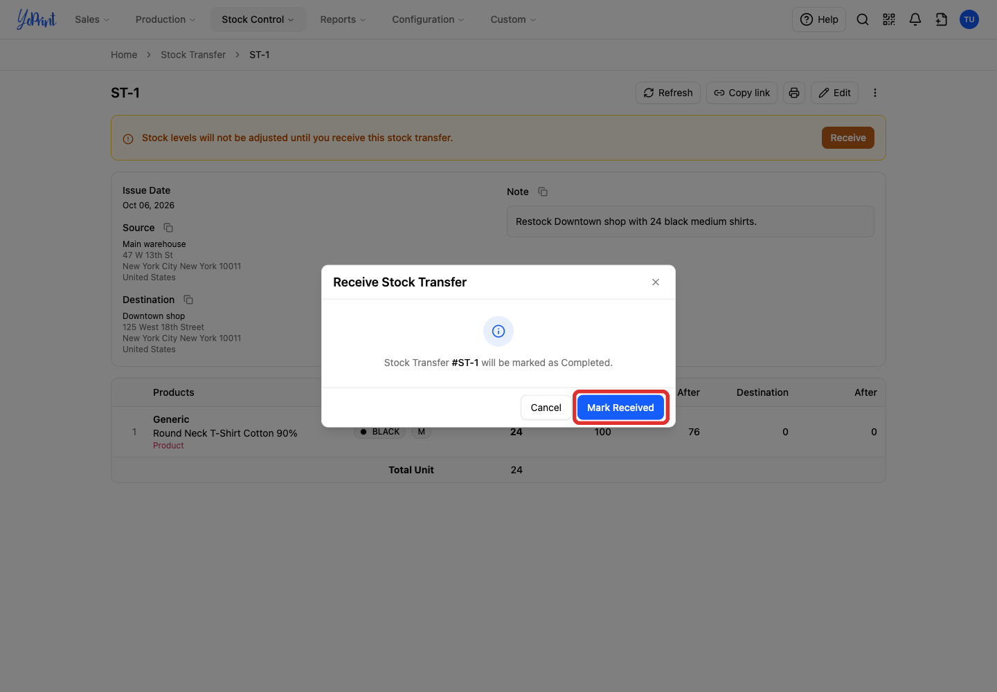 Receive Stock Transfer confirmation