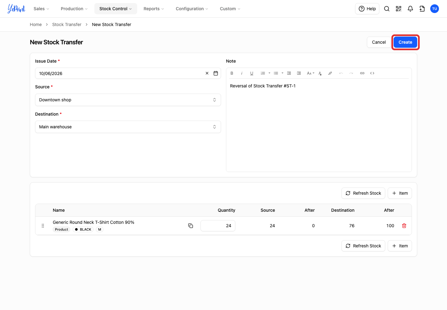 Create the return transfer