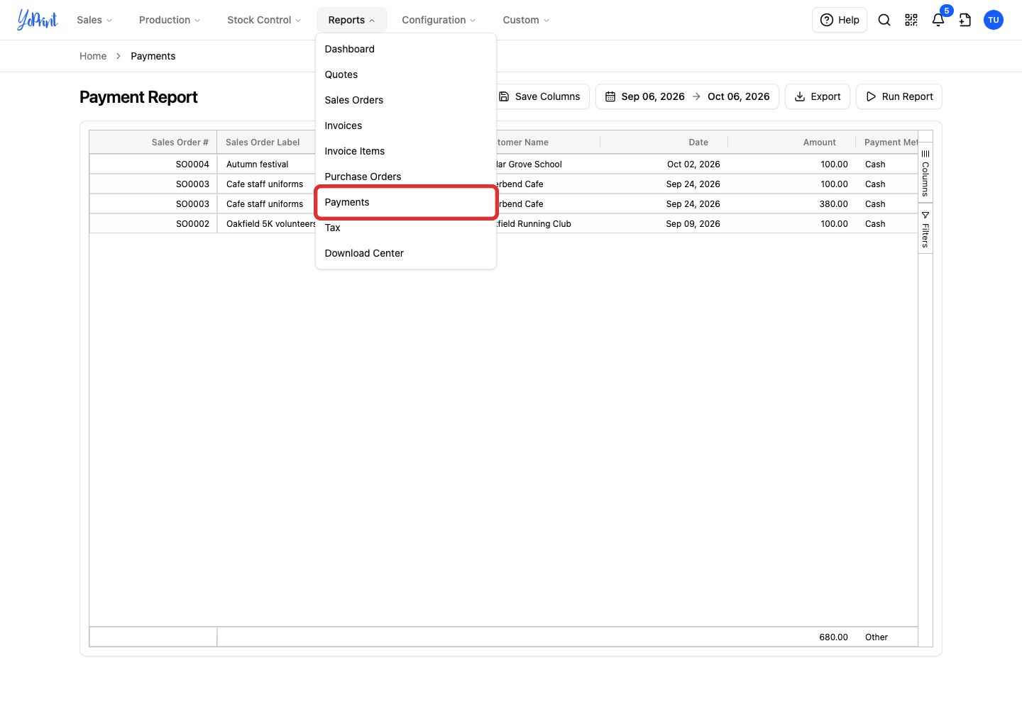 Payments in the Reports menu