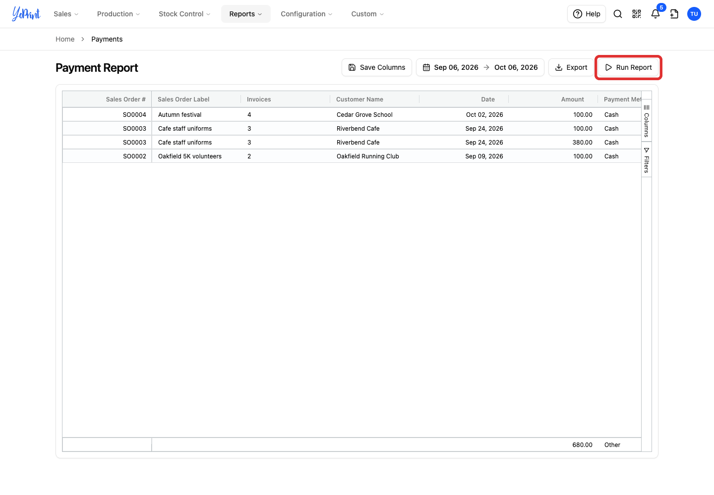 Run Report beside the selected date range