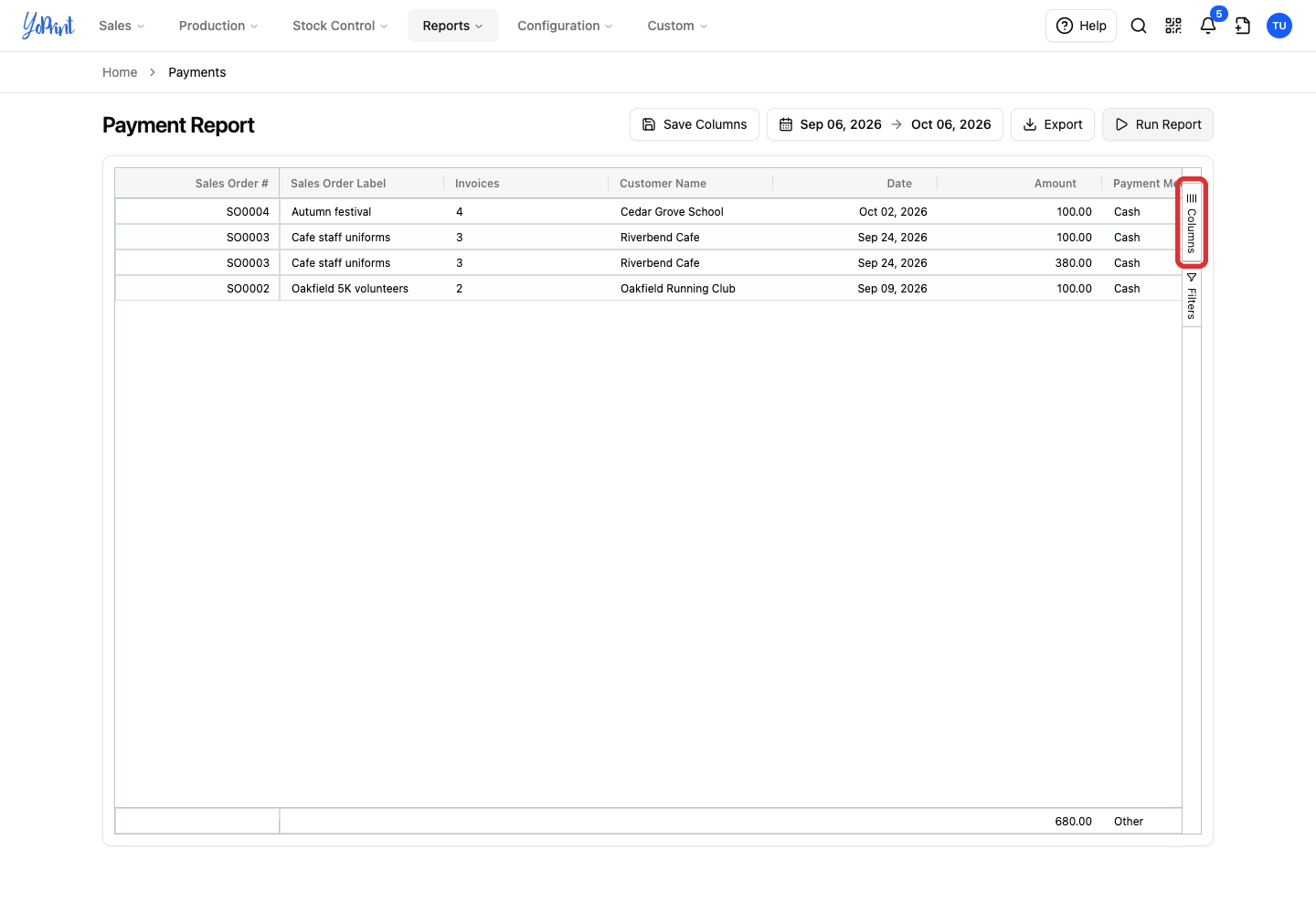 Columns tab on the report grid