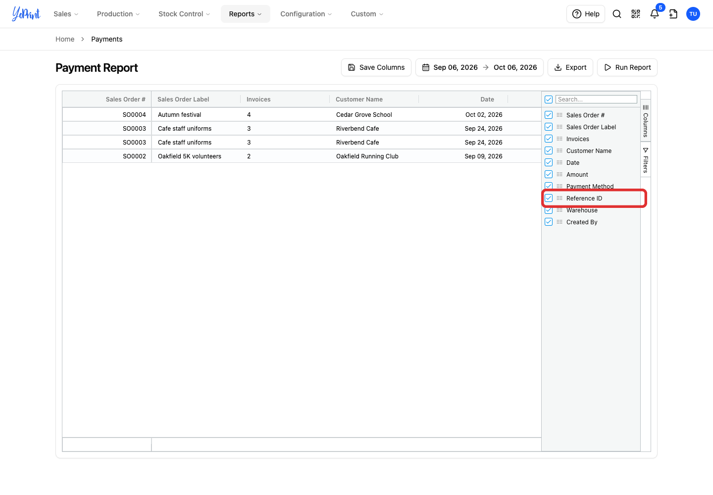 Reference ID checkbox in the Columns panel