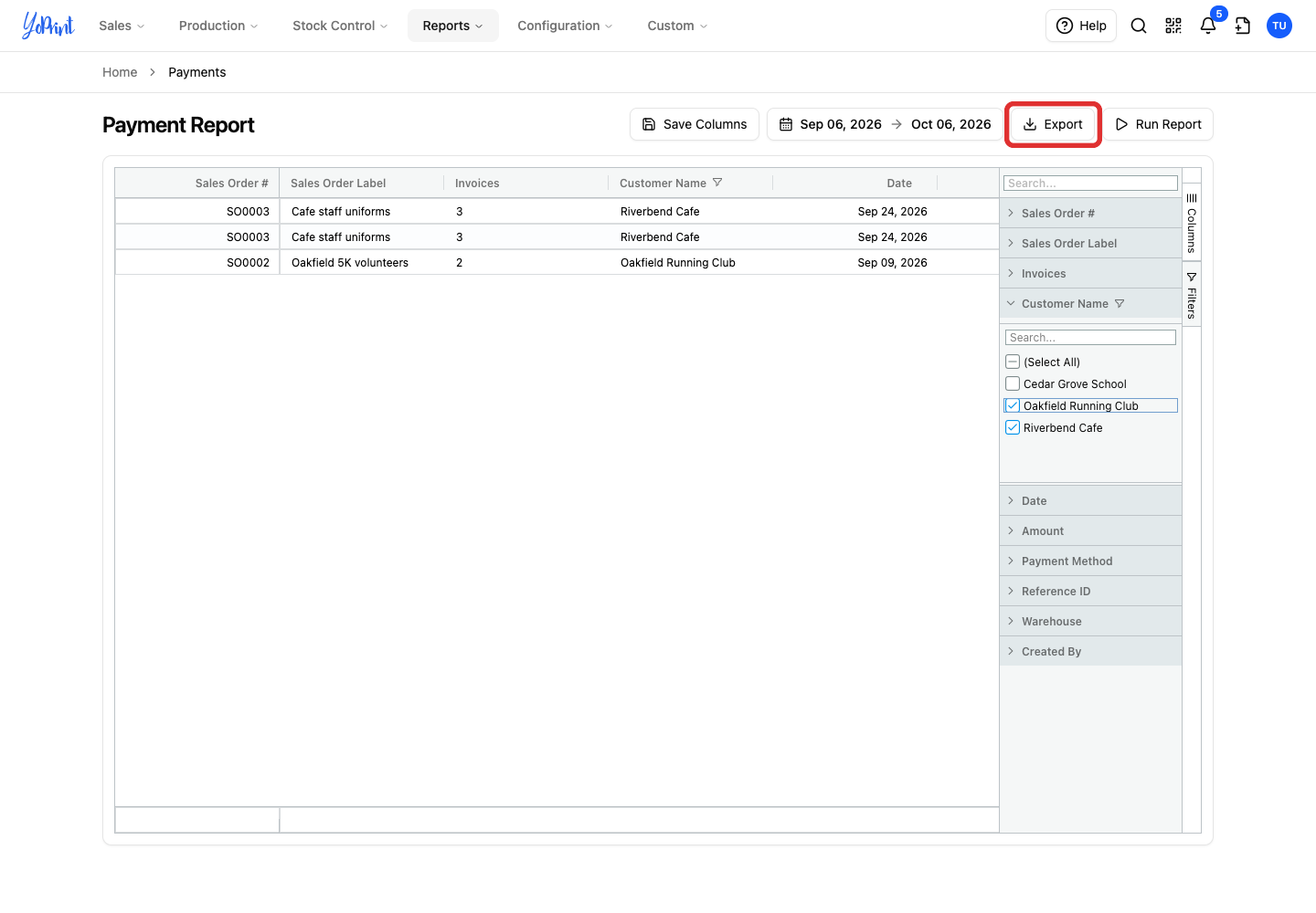 Export above the filtered Payments report