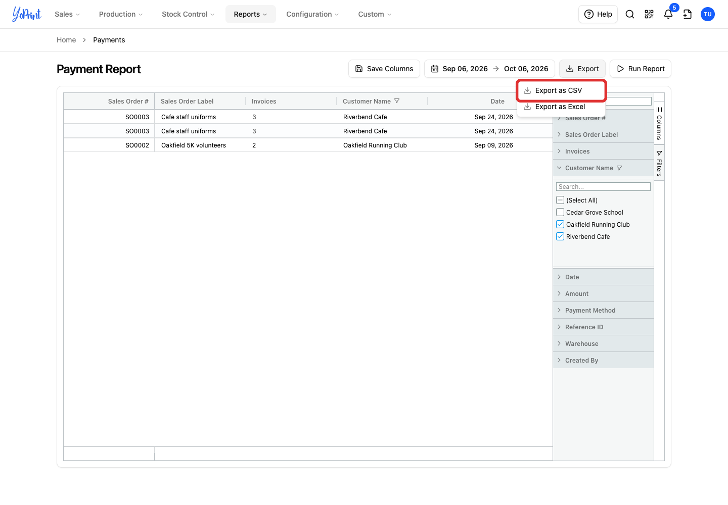 Export as CSV in the export menu
