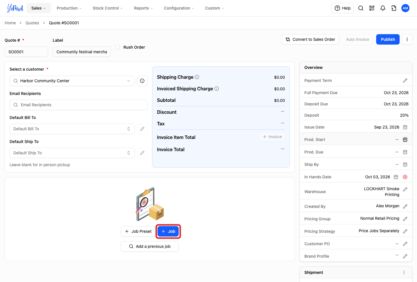Quote draft with the Job button before any products have been added