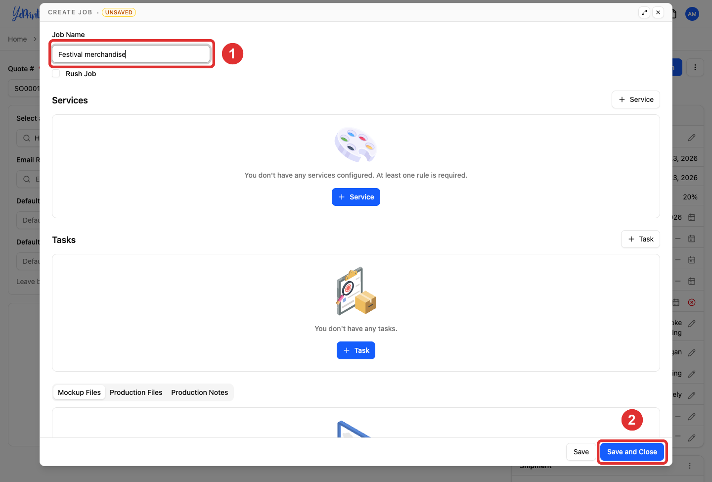 Create Job dialog with a name and Save and Close