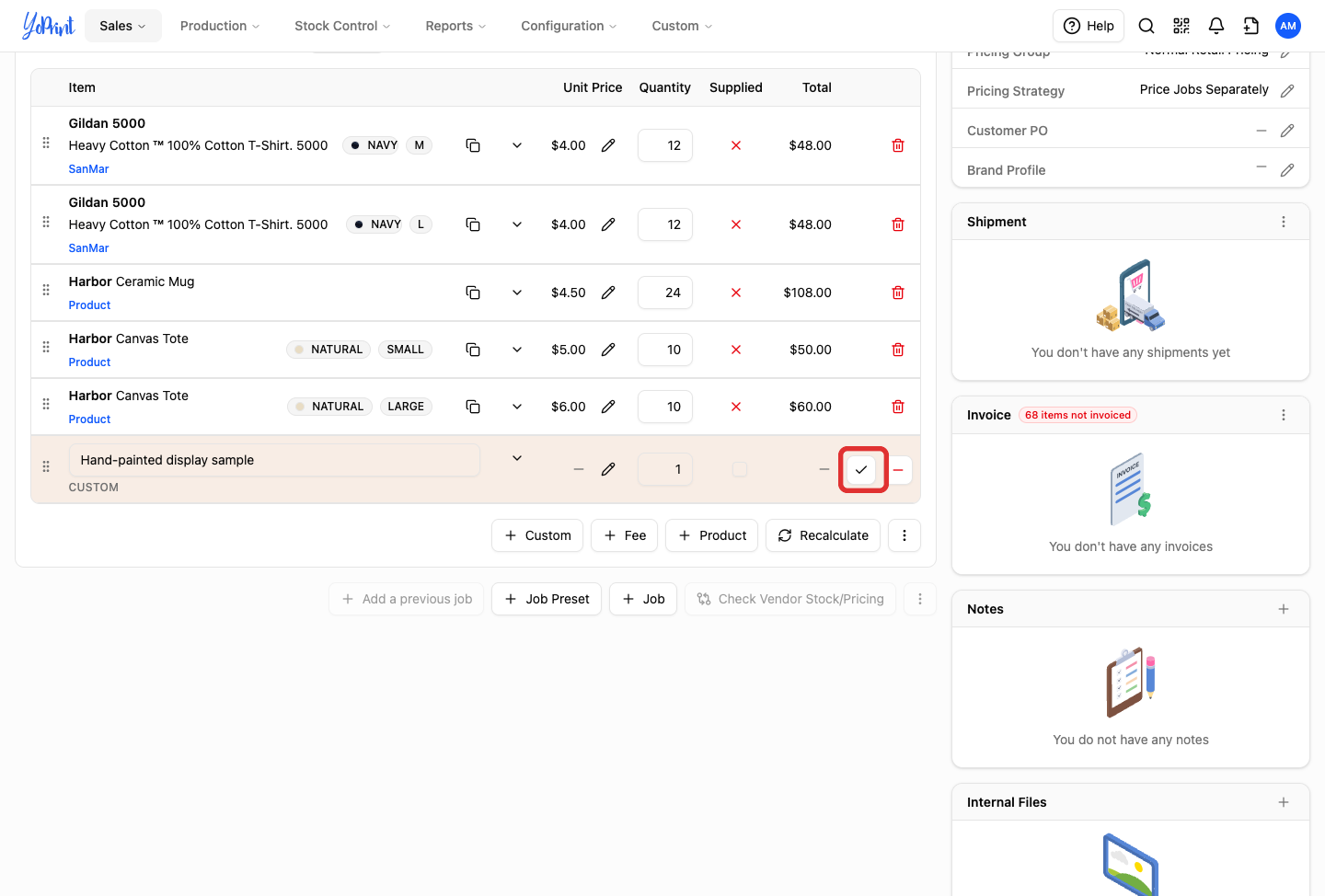 Custom line ready to confirm with the checkmark