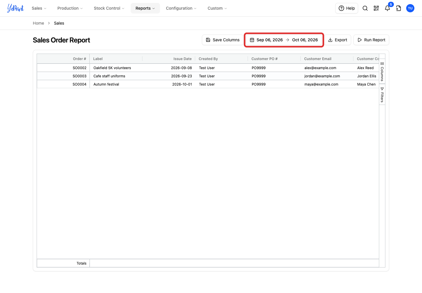 Date range on the sales order report