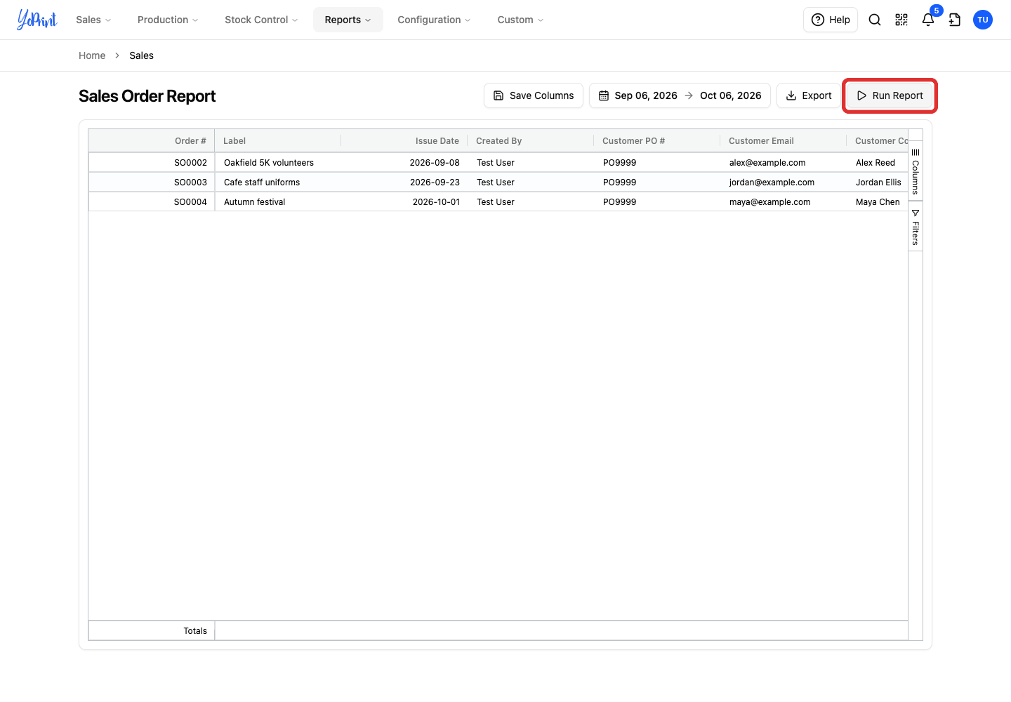 Run Report on the sales order report
