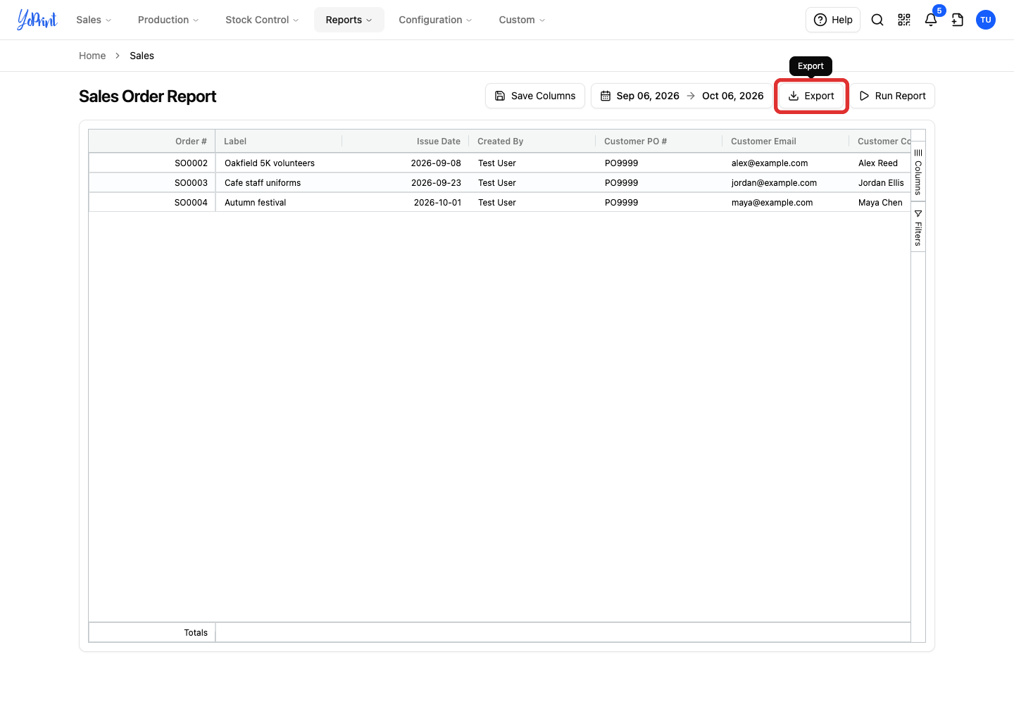 Export above the sales order report