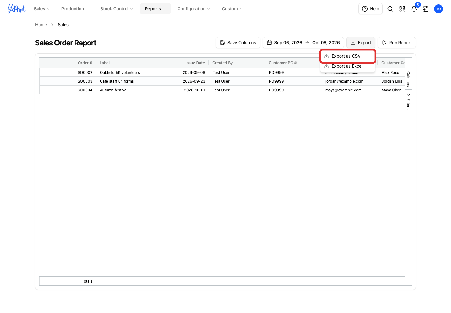 Export as CSV for sales orders