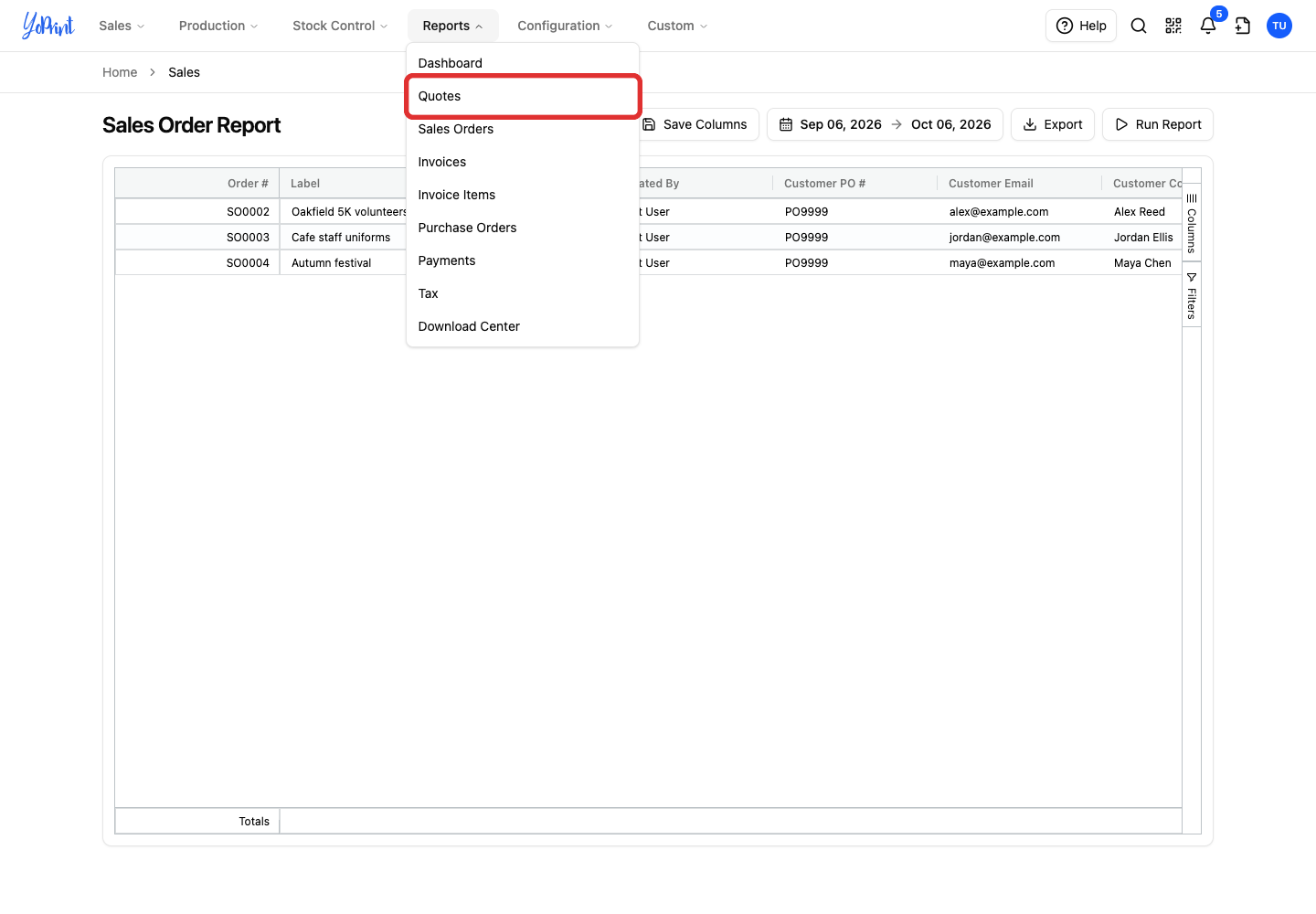 Quotes in the Reports menu