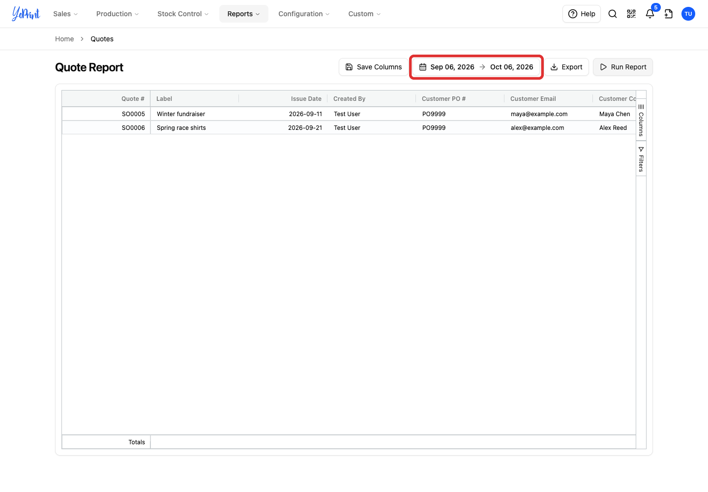 Date range on the quote report
