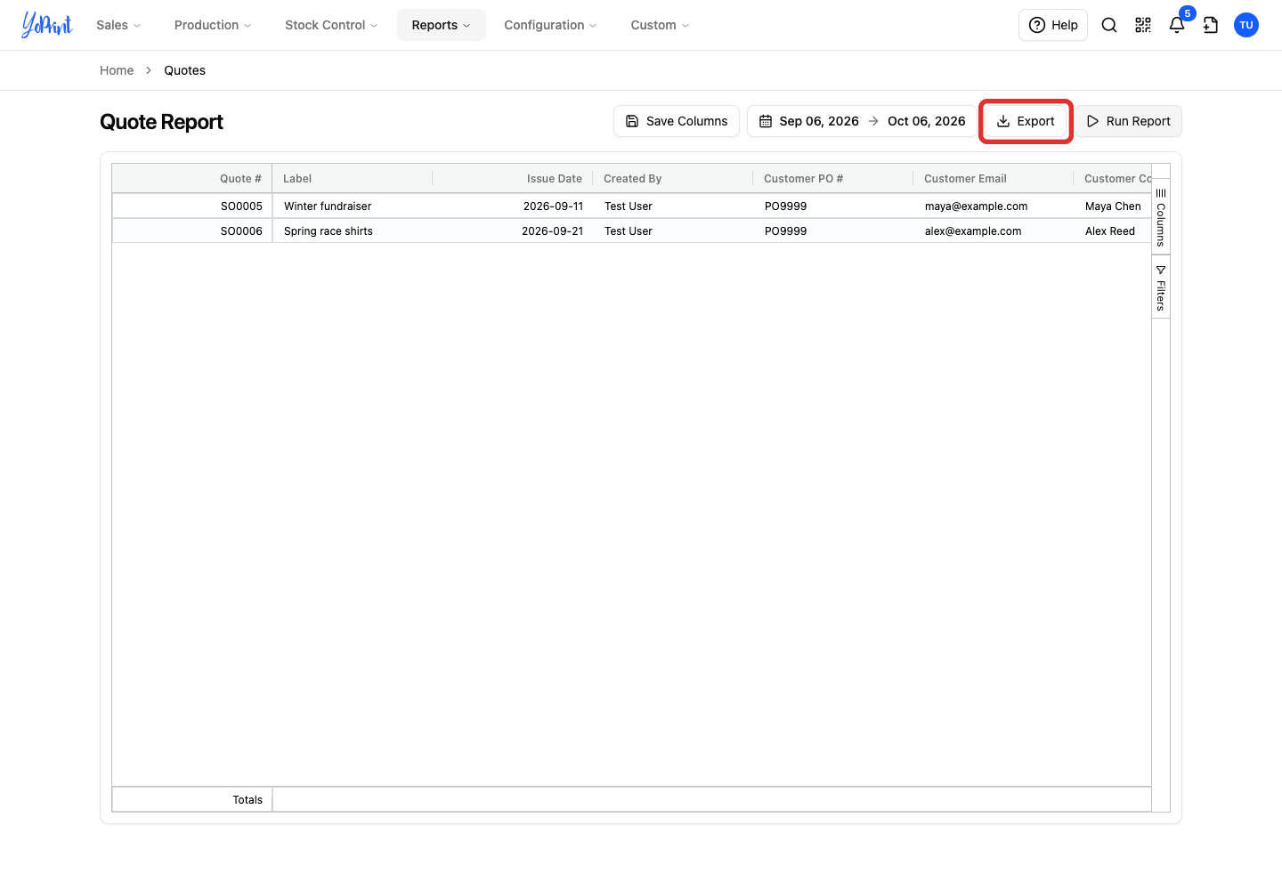 Export above the quote report