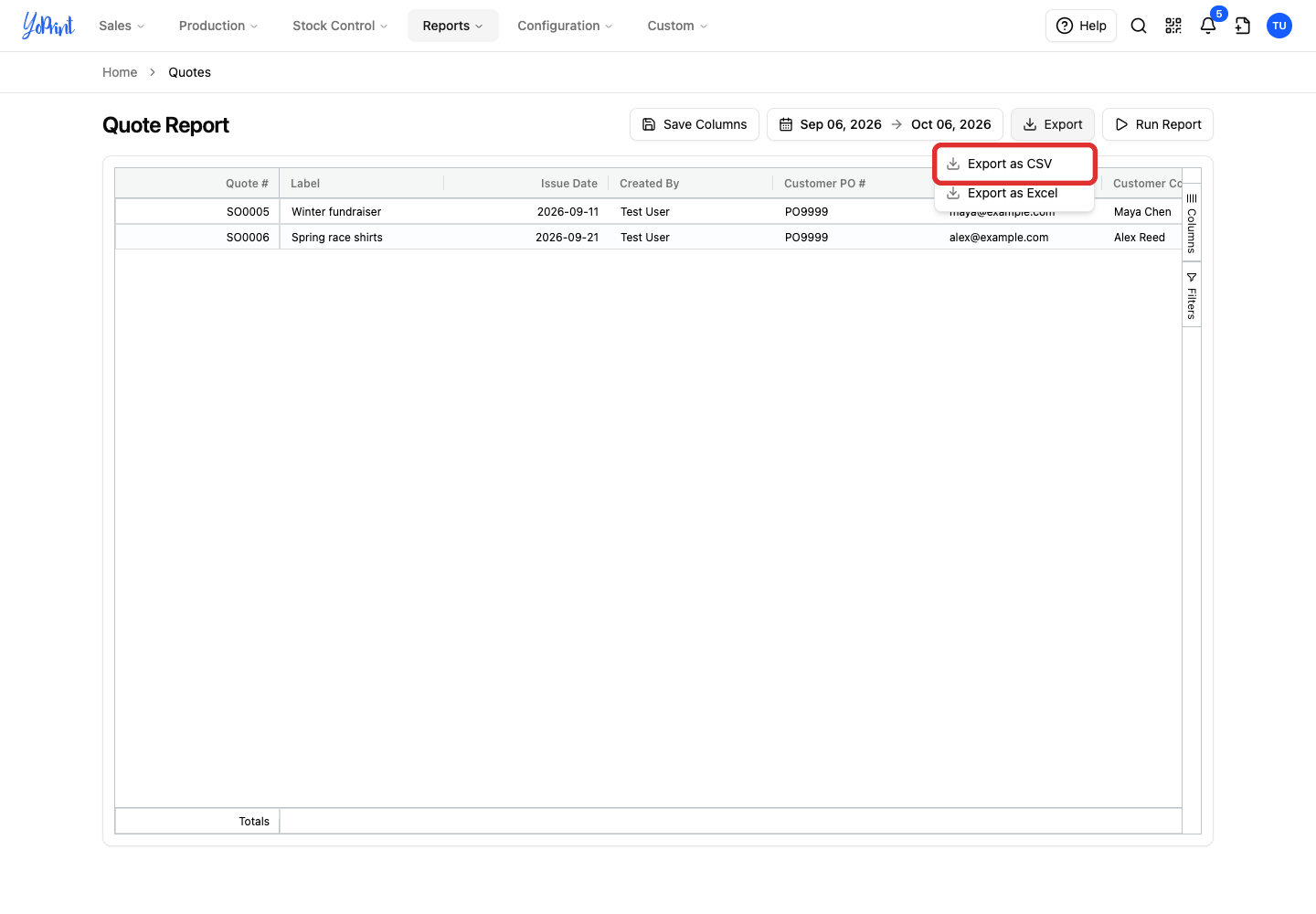 Export as CSV for quotes