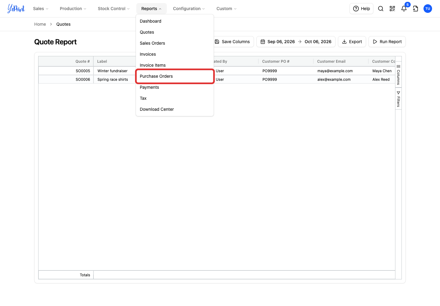 Purchase Orders in the Reports menu