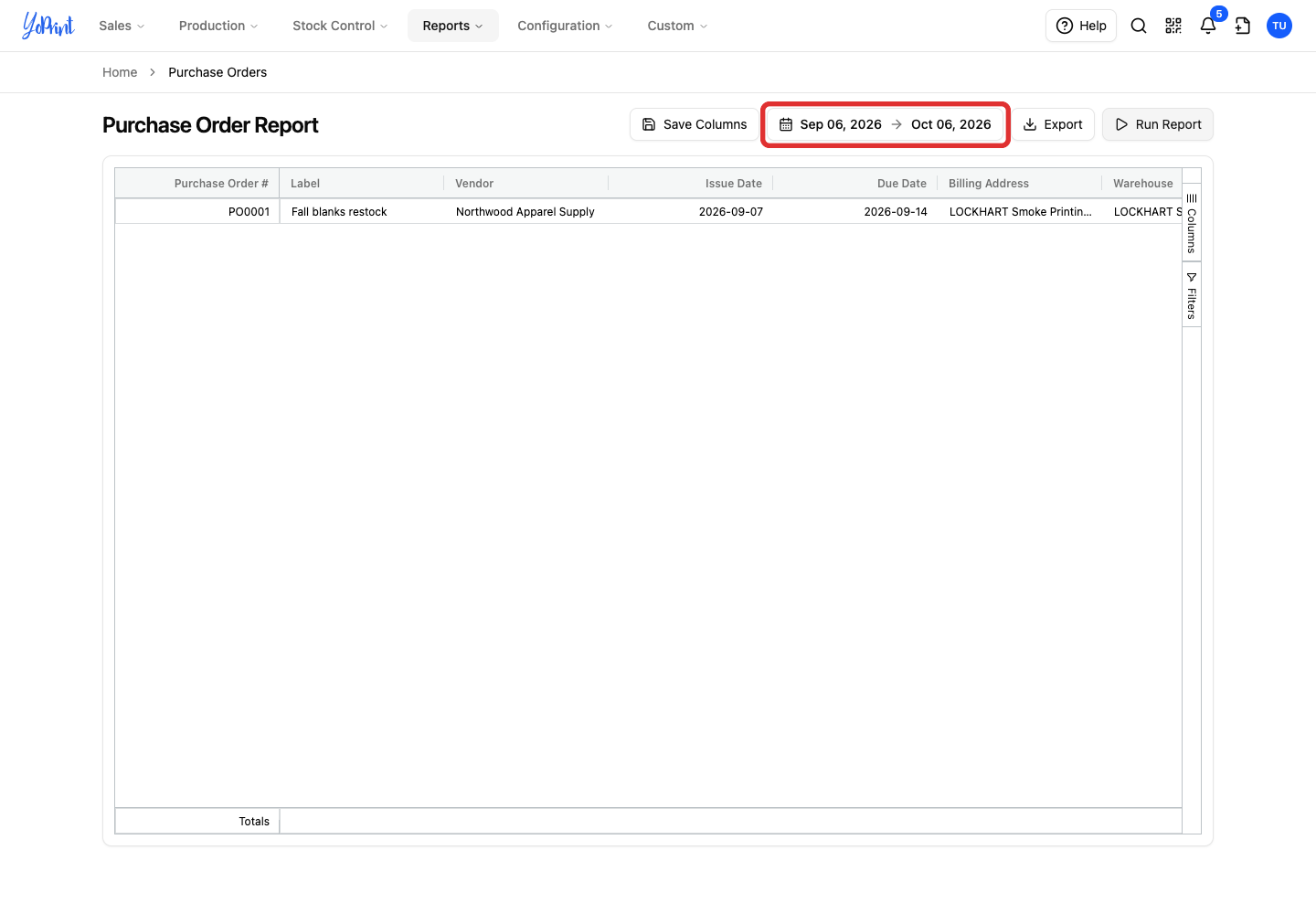 Date range on the purchase order report