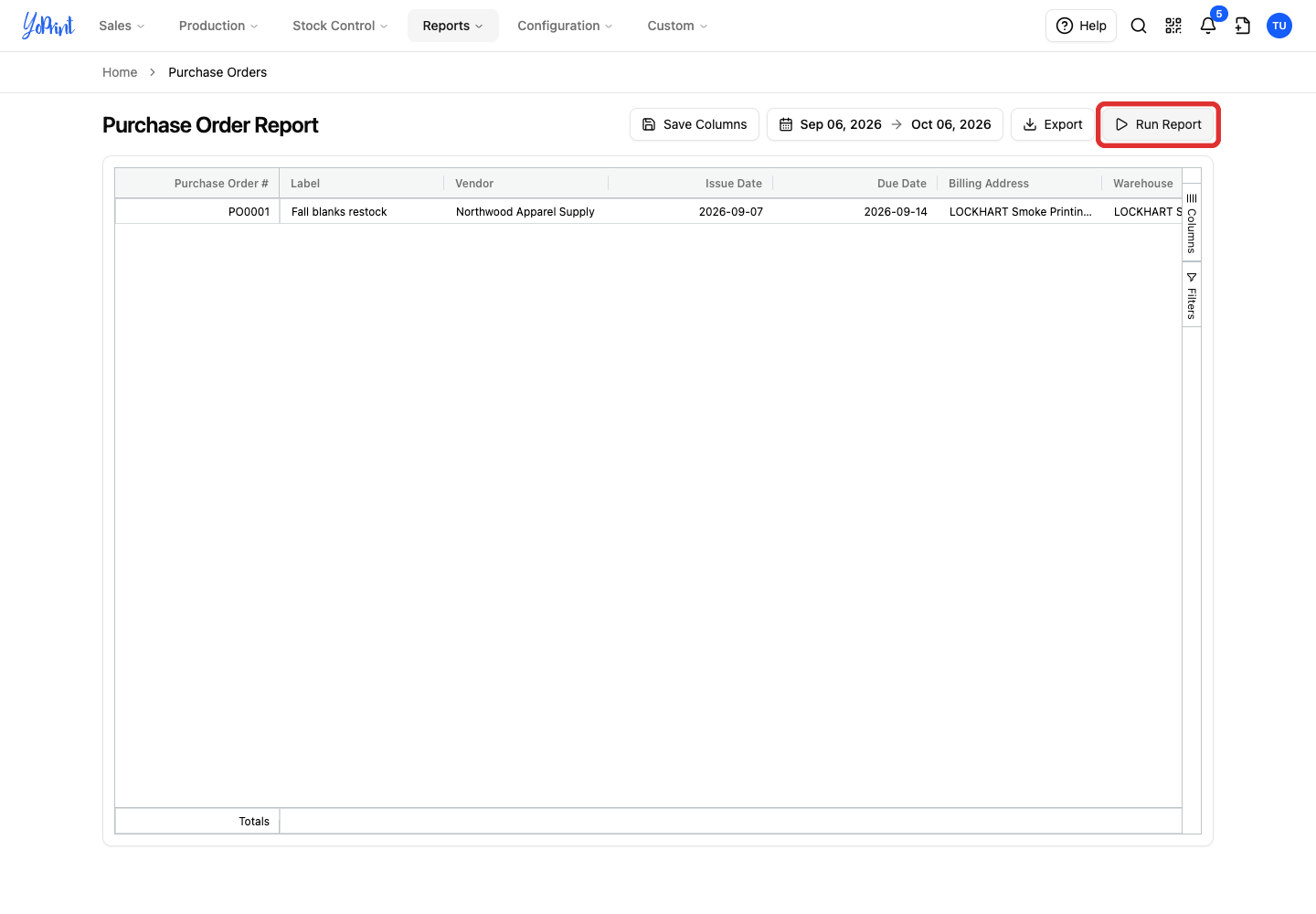 Run Report on the purchase order report