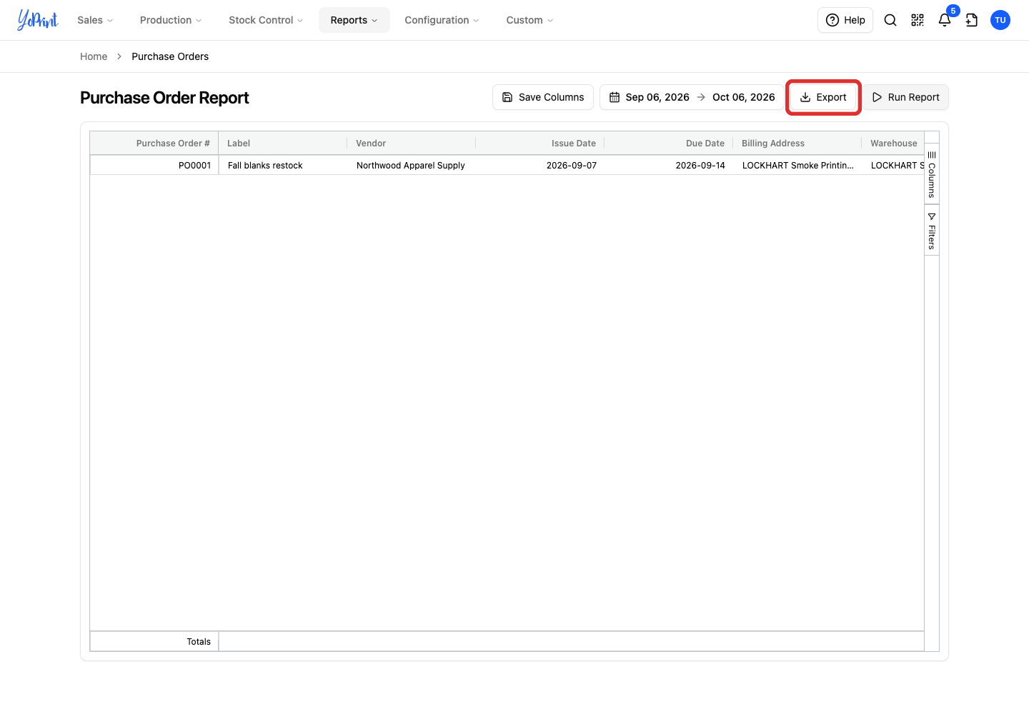Export above the purchase order report