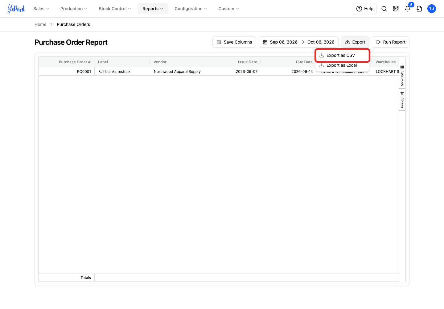 Export as CSV for purchase orders