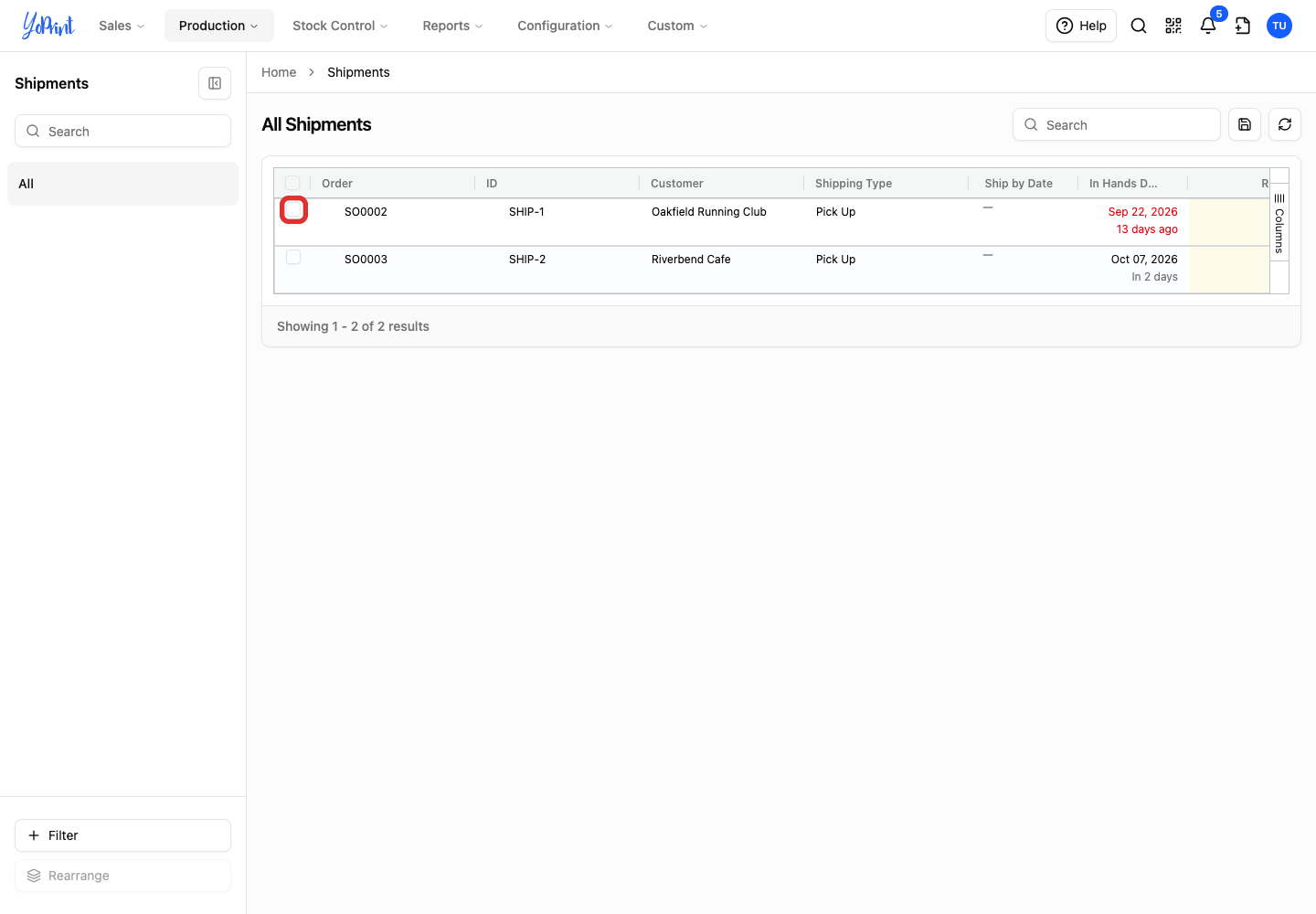 Checkbox beside SHIP-1 in the shipment list