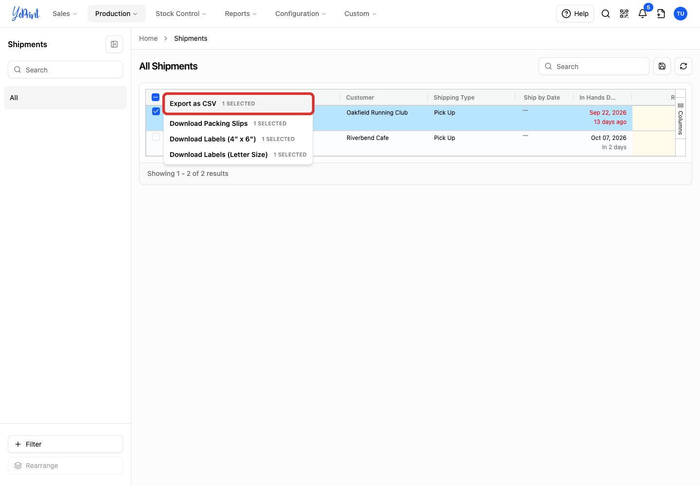 Export as CSV with one shipment selected