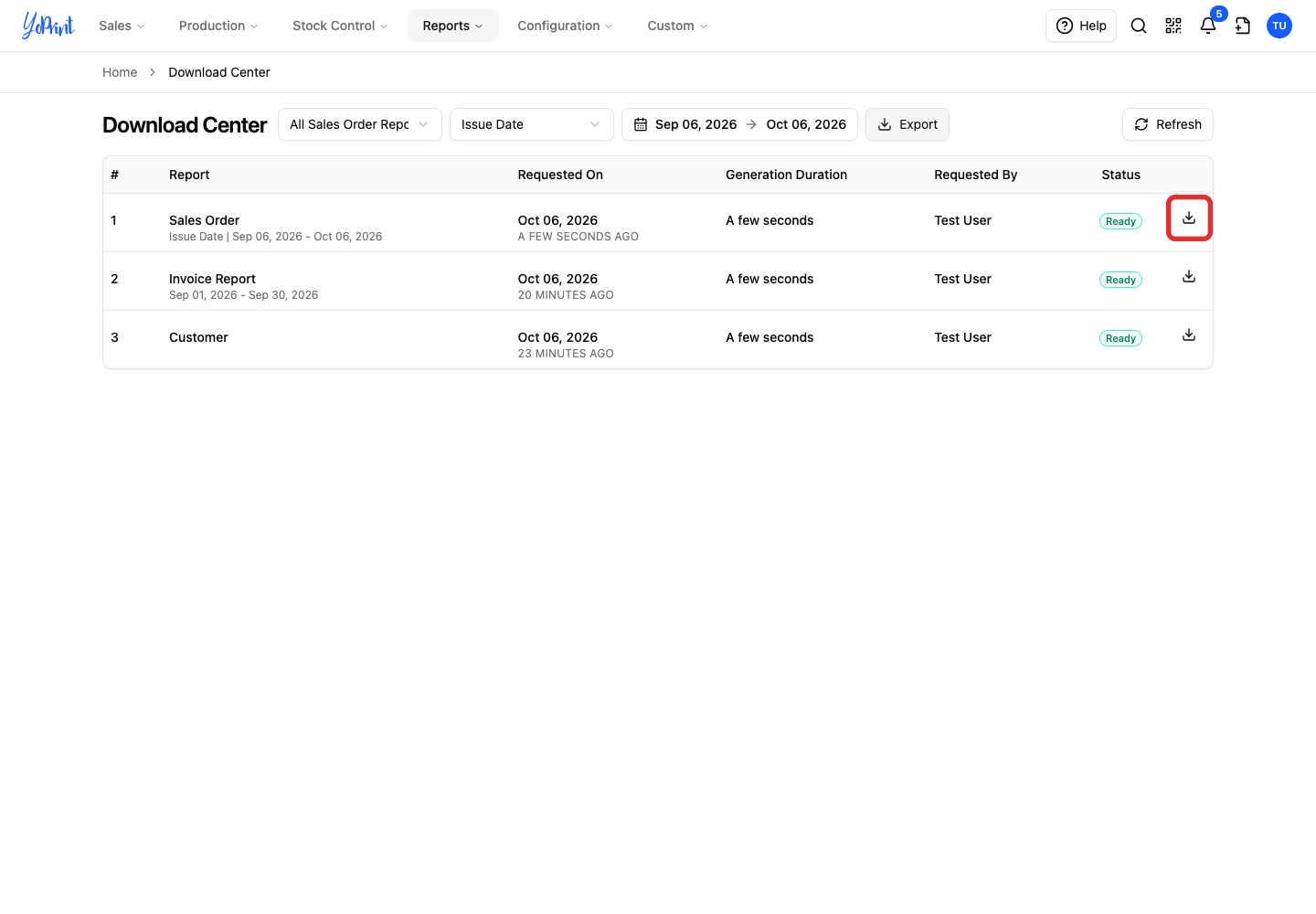 Ready sales order export with its Download icon