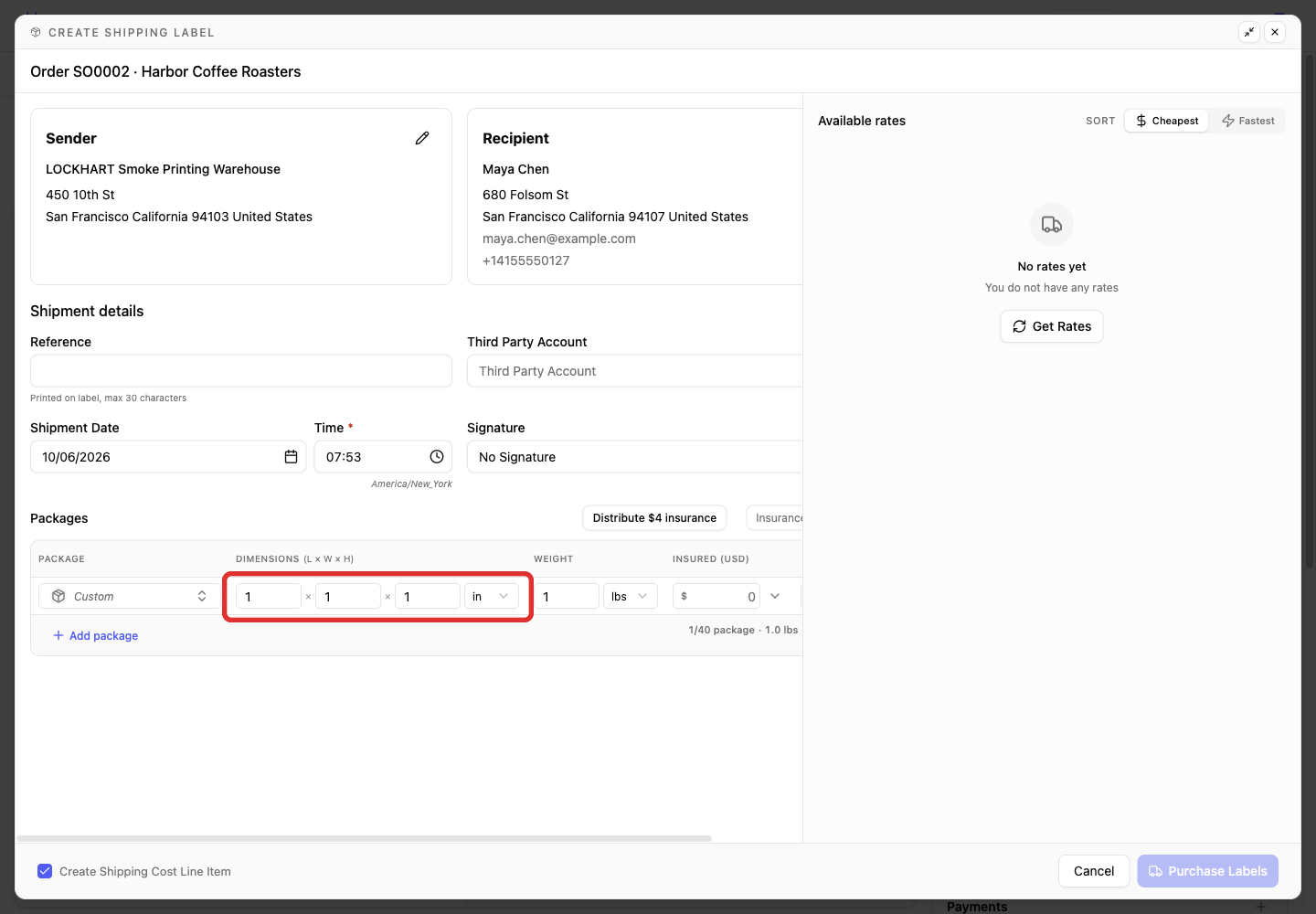 Enter the custom parcel dimensions and units
