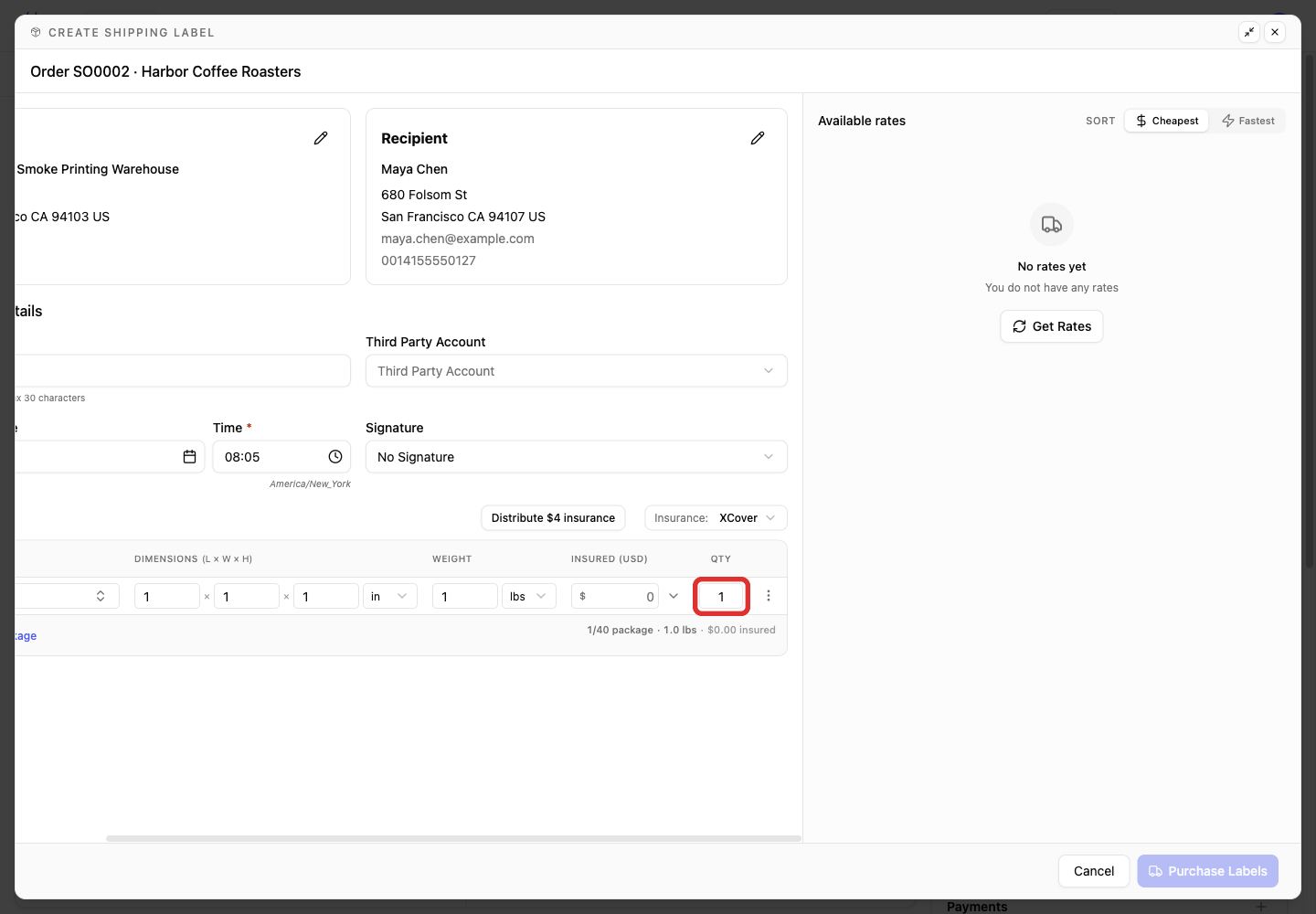 Set the number of parcels in Qty